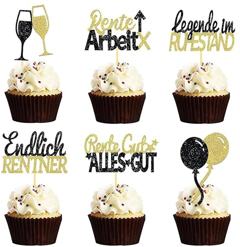 24 Stück Glitzer Rente Deko Cupcake Toppers, Ruhestand Deko Cake Toppers | Gold Endlich Rente Kuchendeko, Pension Tortendeko für Rentner und Rentnerin Retirement Party