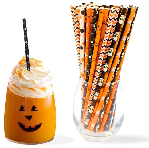 50Pcs Halloween Decorations Paper Straws, Black Orange Drinking Stripes Straws, Ghost Pumpkins Bats Skulls Spider Web Pattern, Biodegradable Straw for Halloween Party Home Bar Table Decor Crafts DIY