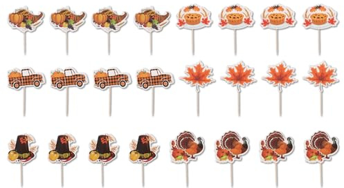24pcs Décorations pour Cupcakes de Thanksgiving, 6 Styles de Décorations d'Automne avec Citrouille Dinde et Feuille d'Érable pour Thanksgiving