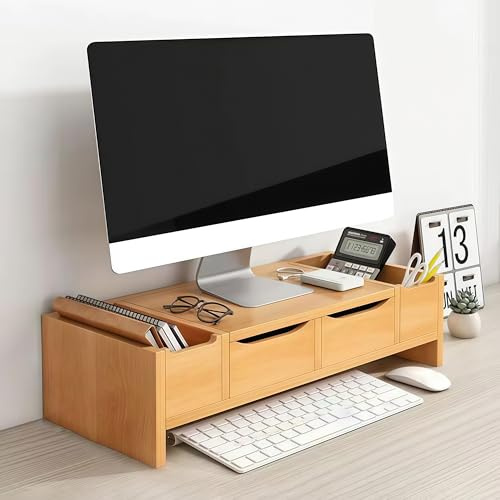 Support de moniteur en bois avec tiroir à 2 niveaux pour économiser de l'espace, idéal pour ordinateur et télévision à écran plat, design ergonomique pour une meilleure posture