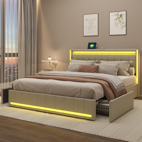BSMGSGN Lit double rembourré 140x200 cm avec 4 tiroirs de rangement, LED, port USB, base à lattes, tissu lin gris foncé (Beige-A, 140x200 cm)