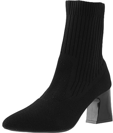 Botines Mujer Versátil Botas Cortas Puntiagudas Punta Tacón Grueso Tacones Altos Calcetines Elásticos de Punto Botas, Botas Tejidas Voladoras, Femenino, Negro , 41 EU