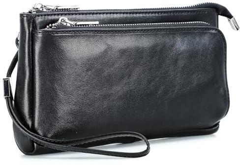 CONTACTS Lederarmbänder Handtasche Clutch, Herren Geldbörse Reißverschluss große Kapazität,Schwarz Reisen Organizer für Visitenkarten, mit Lederband Handgelenktasche für Männer