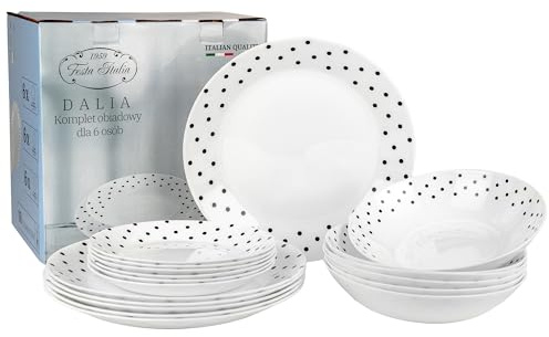 FESTA ITALIA Geschirrset 6 Personen - 18 Teilig - Tellerset aus Opalglas - Weiß Essgeschirr Set - Schüssel- und Tellerset - Modern Tafelservice - Teller - Essservice - Geschirr Set 6 Person