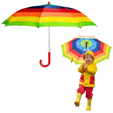 Milena 1Pc Automatic Kids' Rainbow Umbrella, Rainbow Striped For Children, Sturdy Grip Curved Handle, Velcro Fastening Strap, Windproof Toddler Umbrella for Outdoor Rain Brolly, Strong 8 Metal Ribs