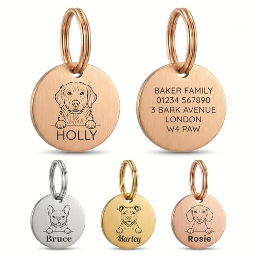 The Stately Hound Dog Name Tags Engraved UK, Rose Gold Round, Medium