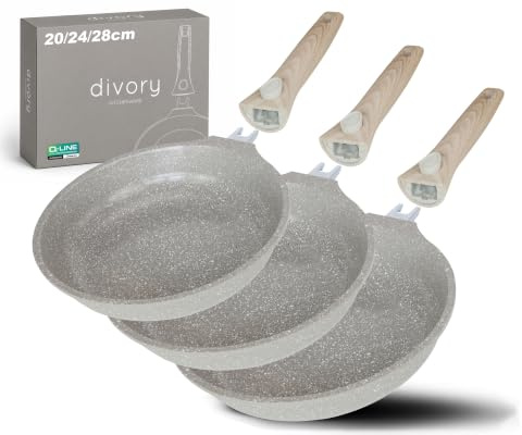 DIVORY Set di padelle in ceramica da 20, 24 e 28 cm – Padelle con manico rimovibile, rivestimento in ceramica, adatte all'induzione, prive di PFAS e PTFE (Natura, set da 3 pezzi (20/24/28 cm))