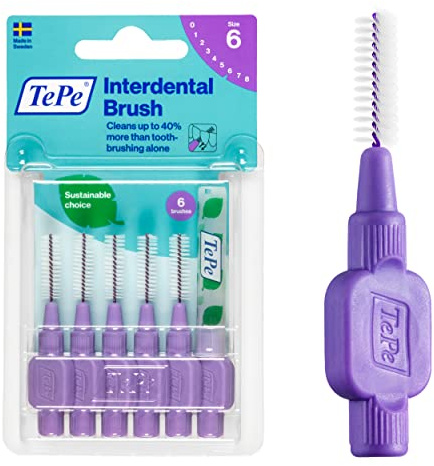 TePe Interdental Brush Original, Soft Dental Brush for Teeth Cleaning, Pack of 6, 1.1 mm, Large Gaps, Purple, Size 6