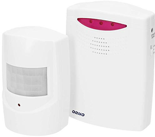 ORNO MA-705 Drahtlose Bewegungsmelder mit Alarm, Reichtweite 120m, IP44 Wasserdicht || 1 Bewegungsmelder inklusive, Weiß