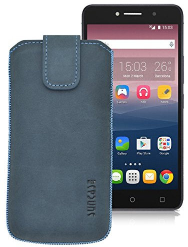 Suncase Original ECHT-Leder Tasche Etui für | Alcatel One Touch Pixi 4 (8050D) Dual-SIM (6 Zoll) | (mit Rückzugsfunktion, Magnetverschluss) Cover Hülle Schutz Pebble-Blue
