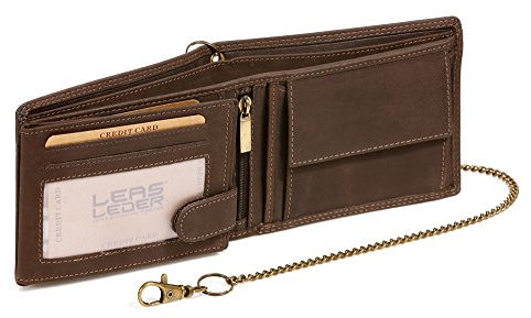 LEAS MCL Bikerbörse im Querformat mit Kette Vintage-Stil in Echt-Leder, braun - LEAS Chain-Series