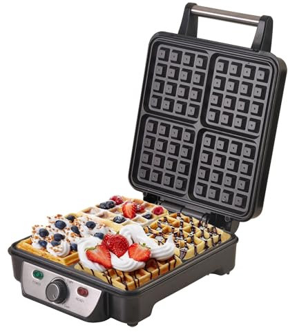 Camry CR 3025 - Gofrera eléctrica máquina hacer 4 gofres belgas, termostato regulable, antiadherente, 1150W