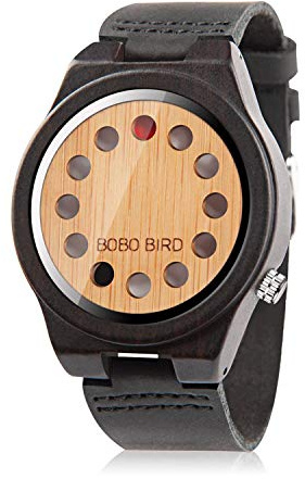 Bobo Bird Men's Asymmetric 12-Holes Design Bamboo Wooden Watch with Leather Band