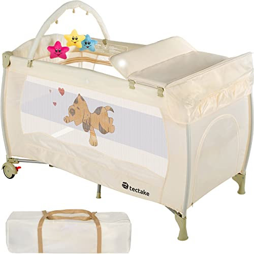 tectake® Babyreisebett, Kinderreisebett, Reisebett höhenverstellbar mit Reisebett Matratze und Transporttasche, Babybett, Reisegitterbett, tragbares Beistellbett Baby - 132 x 75 x 104 cm - Beige