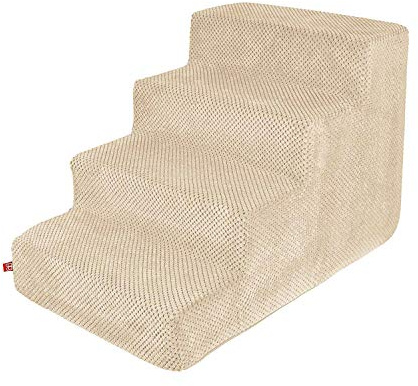 Hundetreppe 40 cm hoch | Katzentreppe Haustiertreppe | 4 Stufen | Hunde Katzen Haustier | für Bett und Auto | Trepp für kleine Hund | Plüschbezug | Farbe: Beige