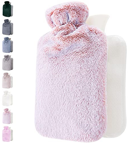 Qomfor Hot Water Bottle with Cover UK – Soft Faux Fur, 1.8L Hot Water Bottle for Period Pain Relief, Back Pain, Shoulder Pain – Luxurious Comfort for Adults (Pink)