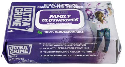 UltraGrime Multi Purpose Family XXL Biodegradable 80 Clothwipes - Pomelo Scented Large Wet Cloths - Heavy Duty Multi Purpose Cleaner