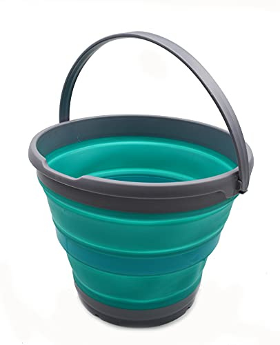 SAMMART 10L Collapsible Plastic Bucket - Foldable Round Tub - Portable Fishing Water Pail - Space Saving Outdoor Waterpot, Size 33cm Dia (1, Grau/Bläulich-Grün)