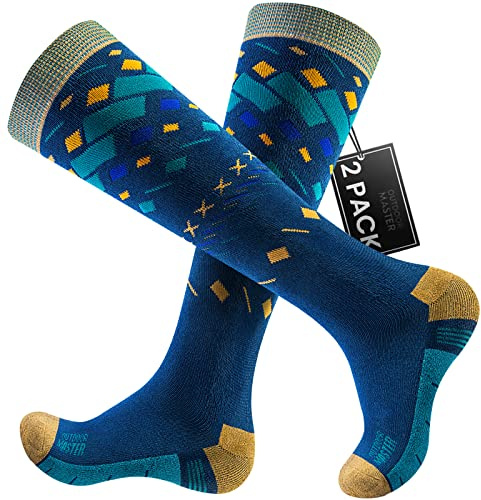 OutdoorMaster 2 Paia Unisex Calze da Sci per Uomo & Donna, Calze Invernali da Snowboard Traspiranti per Sport All'aria Aperta con Design OTC/Polsini Antiscivolo (M, Blu)