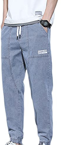 Pantalón Vaquero Hombre Corte Recto Delgado Cordón Elasticidad Cintura Regular Fit Moderno Casual Lavable Hip-Hop Denim Pantalones Suelto Talla Grande Cómodo Jeans con Bolsillos,Azul,3XL