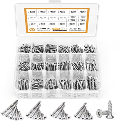 VIGRUE 360 Stück Edelstahl-Schrauben Set M3 M3.5 M4 M5, Spanplattenschrauben mit Senkkopf, Selbstschneidende Schrauben
