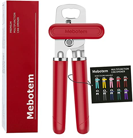 Mebotem 10 Colors, Manual Handheld Heavy Duty Hand can Opener Smooth Edge Stainless Steel, Top Lid Kitchen Gadgets, Best Large Rated Easy Turn Knob, with Bottle Opener, Red