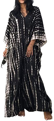 Baynetin Lungo Kaftan Donna Estivo Abito Copricostumi Spiaggia Floreale Bohémien Vestito Mare,Taglia Grande Tunica Maxi Kimono, Elegante e Affascinante Beach Bikini Cover ups Uno Taglia (Nero)