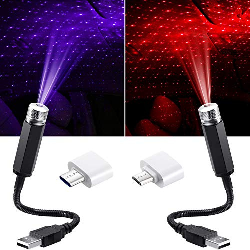 Honoson 2 Pack USB Star Projector for Car Bedroom Ceiling, Red Purple | Multiple Lighting Modes, Romantic Atmosphere Decoration, Flexible USB Design, LED Roof Stars Effect, Party Ambiance Lighting