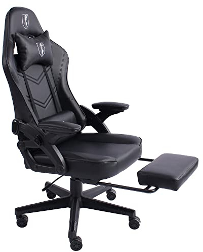 TRISENS Gaming Stuhl im modernen Racing-Design mit ausziehbarer Fußstütze Gaming Chair mit verstellbaren Design Armlehnen ergonomischer Schreibtischstuhl mit extra Stützkissen, Farbe:Schwarz