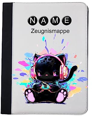 Maus-Design Zeugnismappe personalisiert Zocker-Mieze mit Name | Mit Klarsichthüllen A4+, Urkundenmappe, Dokumentenmappe