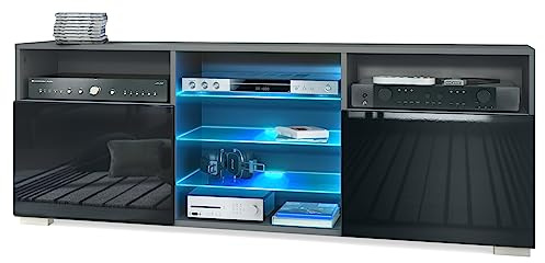 Vladon Meuble TV Granada, Lowboard avec 2 Portes et 6 Compartiments Ouverts, Corps Anthracite Mat, façades en Noir Haute Brillance avec éclairage LED RVB (146 x 54 x 35 cm)