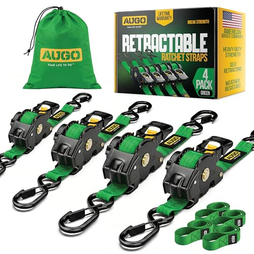 AUGO Retractable Ratchet Straps | 4 Heavy Duty Self Retractable Tie Down Straps with Soft Loops & Storage Bag for Motorcycle, Truck, Trailer, Cargo Van | 1200 Lb Break Strength 1' x 10'