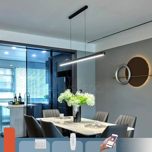 Lampada a sospensione lineare a LED per sala da pranzo lampada dimmerabile lampadario moderno in acrilico soggiorno cucina ufficio Regolabile in altezza con telecomando Ciondolo (L80cm 32W, Nero)