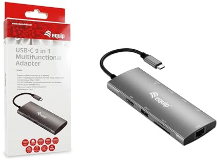 Equip 133490 - Adattatore multifunzione USB-C 9 in 1, HDMI 4K/60Hz, Gigabit LAN, USB 3.2 GEN1, SD/TF, 100 W USB PD