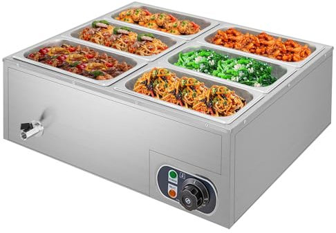 OmePS Scaldavivande Elettrico Commerciale 1200 W, Tavolo a Vapore a 6 Piastre 5 L/Piastra Buffet Bagnomaria in Acciaio Inossidabile 30 L con Controllo della Temperatura e Coperchio per Feste