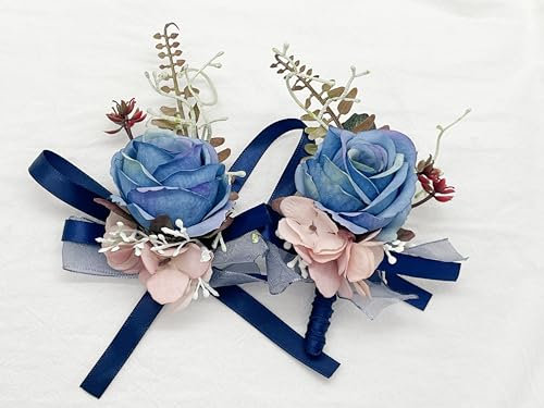 DESUNESS Ansteckblume für das Handgelenk mit künstlichen staubblauen Rosen, Ansteckblume für Bräutigam, Braut, Trauzeugen, Brautjungfern, Ansteckblume für Herren, Boutonniere, Hochzeit, Party,