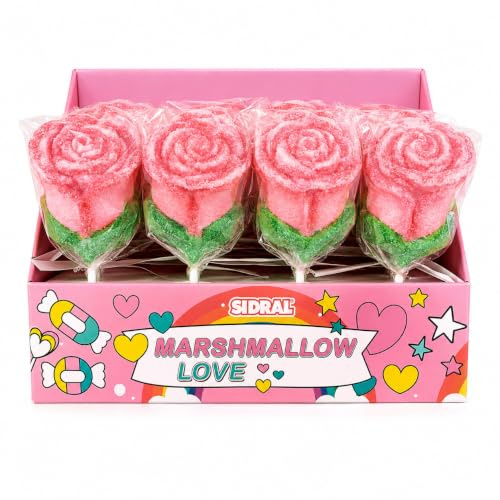 SIDRAL .16 Pinchos Marshmallow Sabor Fresa (28 g) – Piruletas, Chuches San Valentín, Kit de Chuches Sin Gluten, Regalos Parejas (Rosas Maswmellos.)