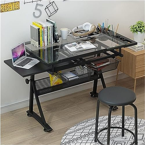 Verstellbarer Zeichentisch aus Glas, vielseitiger Kunststudientisch, mit Aufbewahrungsschubladen, Arbeitsstation für Kunststudio-Design, Skizzieren und Malen