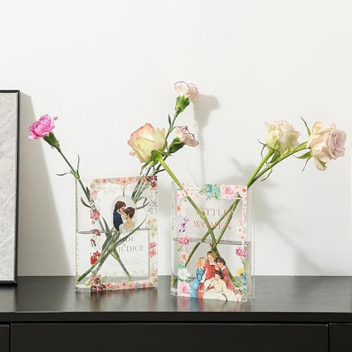 PORPAN - Jarrón acrílico para Flores con Forma de Libro, Juego de 2 floreros Transparentes para Sala de Estar, Oficina, Mesa de Comedor, baño, decoración de estantes
