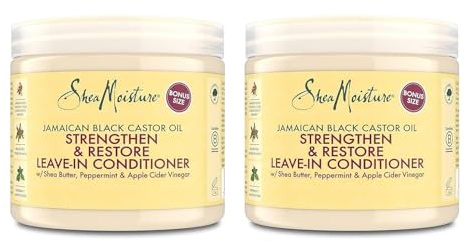 SheaMoisture Après-shampooing sans rinçage Strengthen & Restore pour les cheveux bouclés, traités chimiquement ou coiffés à chaud Huile de ricin noir de Jamaïque 2 x 431 ml