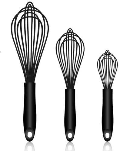 Dishwasher Safe Silicone Whisk, Sealed Waterproof Design Set of 3, Professional Kitchen Whisks for Cooking Non-Scratch, Silicone & Stainless Steel Whisk, Heat Resistant Balloon Egg Beater, Black