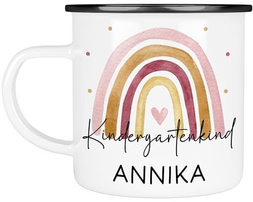 Schulkind 2024 2025 Tasse Emaille Becher Personalisiert mit Wunschnamen Kindertasse mit Namen zur Einschulung - Kindertasse zur Einschulung Kindergarten (Emaille Rosa Kindergartenkind Schwarz)
