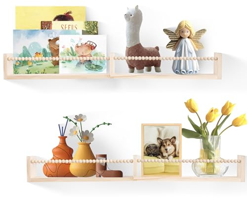 Wandregale für das Kinderzimmer,Kinder-Bücherregal-2er Set Teilen,Schwebendes Bücherregal für Babybuch- und Spielzeugaufbewahrung,Dekor mit Holzperlenstange,Fertig montiert,Naturkiefernholz,81,5 cm