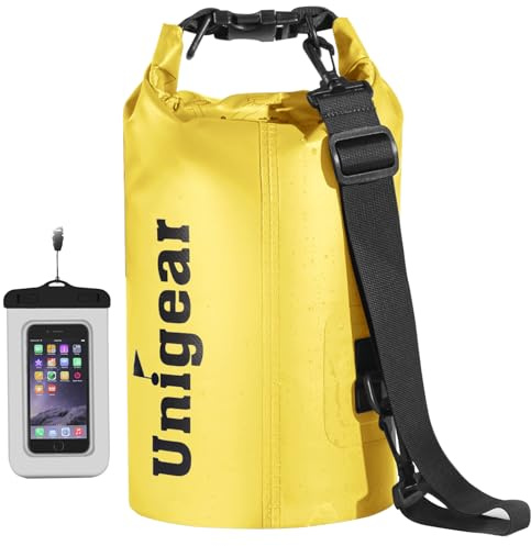 Unigear Bolsa Impermeable de 2 L/5 L/10 L/20 L/30 L/40 L,Bolsa Estanca con Funda para teléfono y Correa Larga Ajustable, para Barcos, Kayak, Pesca, Rafting, natación, Snowboard Amarillo Brillante 2L