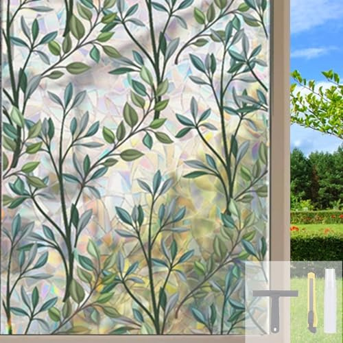 Maritown Stained Glass Window Film Privacy Self-Adhesive Frosted Privacy Film For Glass Windows Green Leaves Window Sticker Rainbow Window Covering for Office, Home, Kitchen