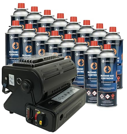Eurocatch Ventilationskamin & gasolkök - inkl. 16 gasflaskor - gasolkök - värmare - campingkök - terrassvärmare - brännare - keramisk platta - transportväska