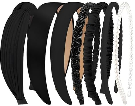 DiiWmme Beaded Non Slip Headbands for Women, 7 Pack Knotted Plastic Hairbands, High Cranial Top Fit, Fashion Elastic Hair Accessories, Perfect for Washing Face Daily Use (Black, One Size)