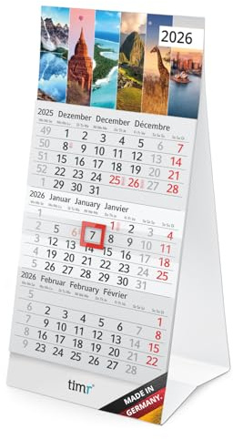 Timr calendrier de table 2026 petit à poser - 3 mois avec curseur calendrier pour table bureau motif continents I tr359