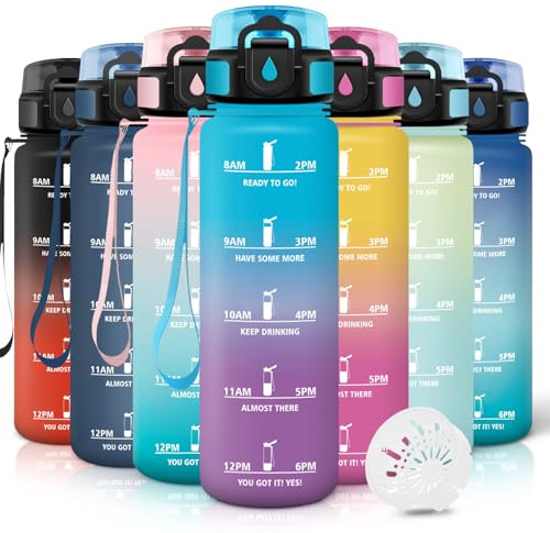 Motswedi Gourde 1l, Anti-Fuite, Gourde Sport, avec Marqueur de Temps, Bouteille d'eau, Réutilisable, Bouteille, pour Sport, Randonnée, Yoga, Fitness, Bleu Violet