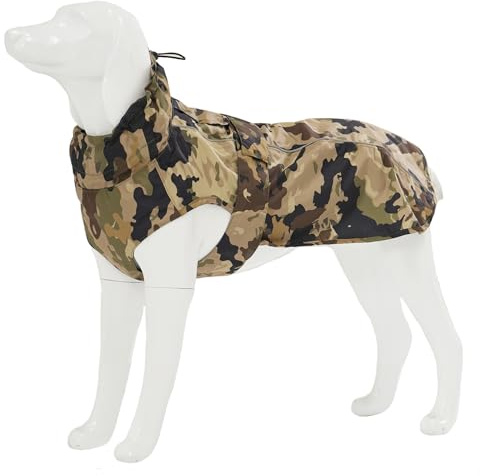 Wasserdichter Hunde-Regenmantel mit reflektierenden Streifen, verstellbarer, atmungsaktiver Regenmantel mit Loch für die Leine für Hunde (Camo, S)